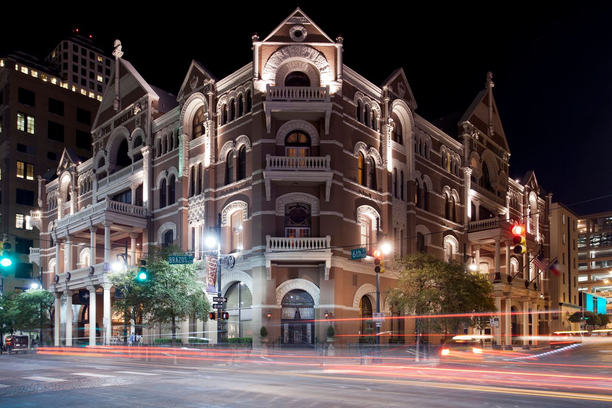 The Driskill Hotel, at the corner of 6th St and Brazos St, is a historic landmark hotel in Austin, Texas