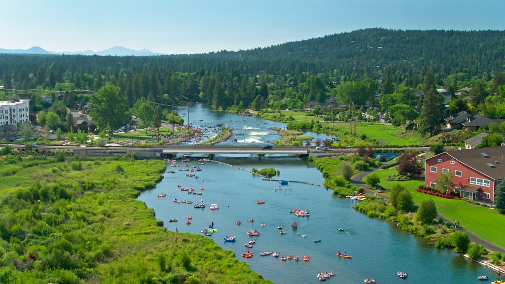 Aerial shot of Bend, Oregon, on a hot and sunny day in summer