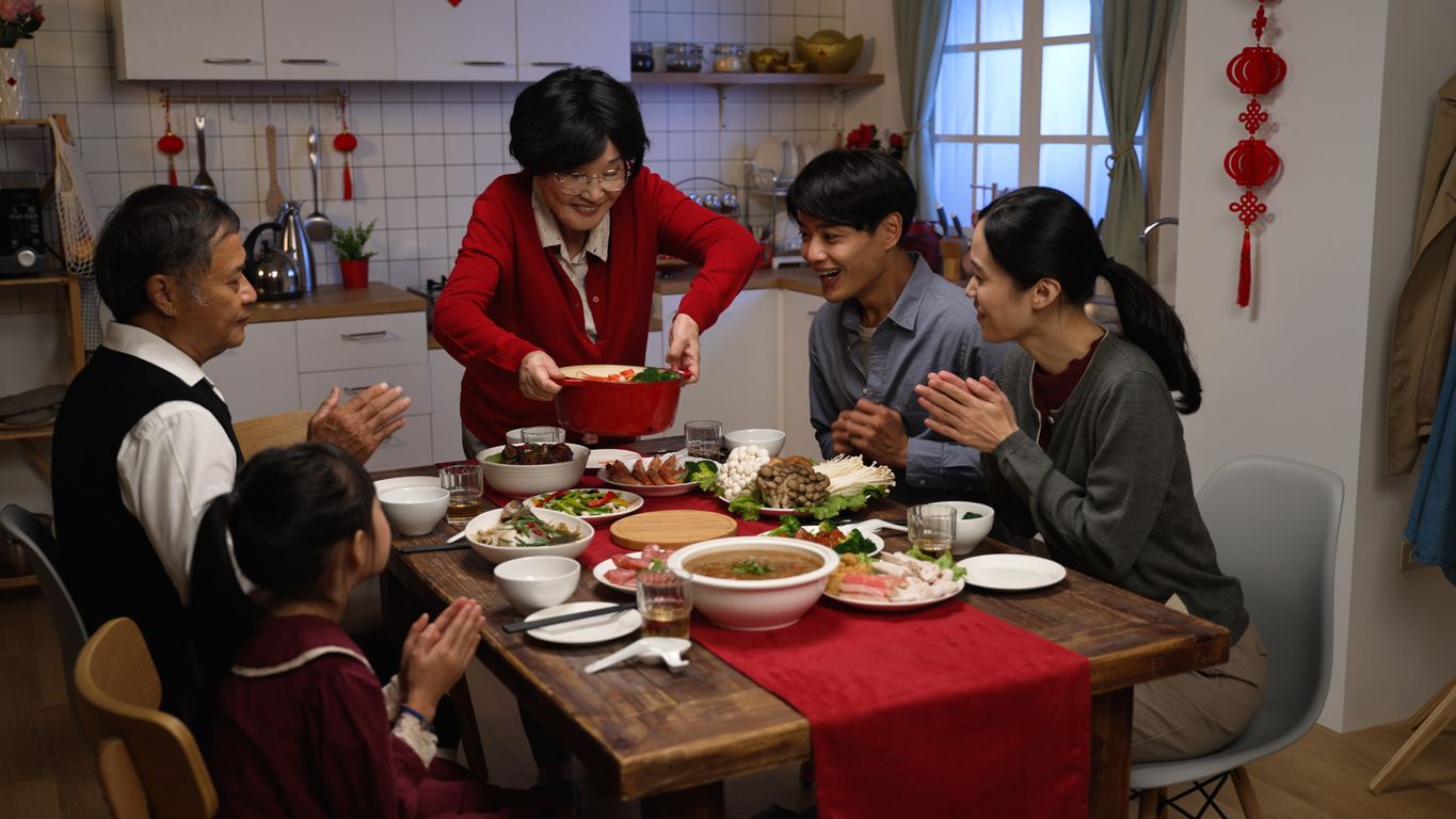 family reunion dinner on lunar new year stock photo