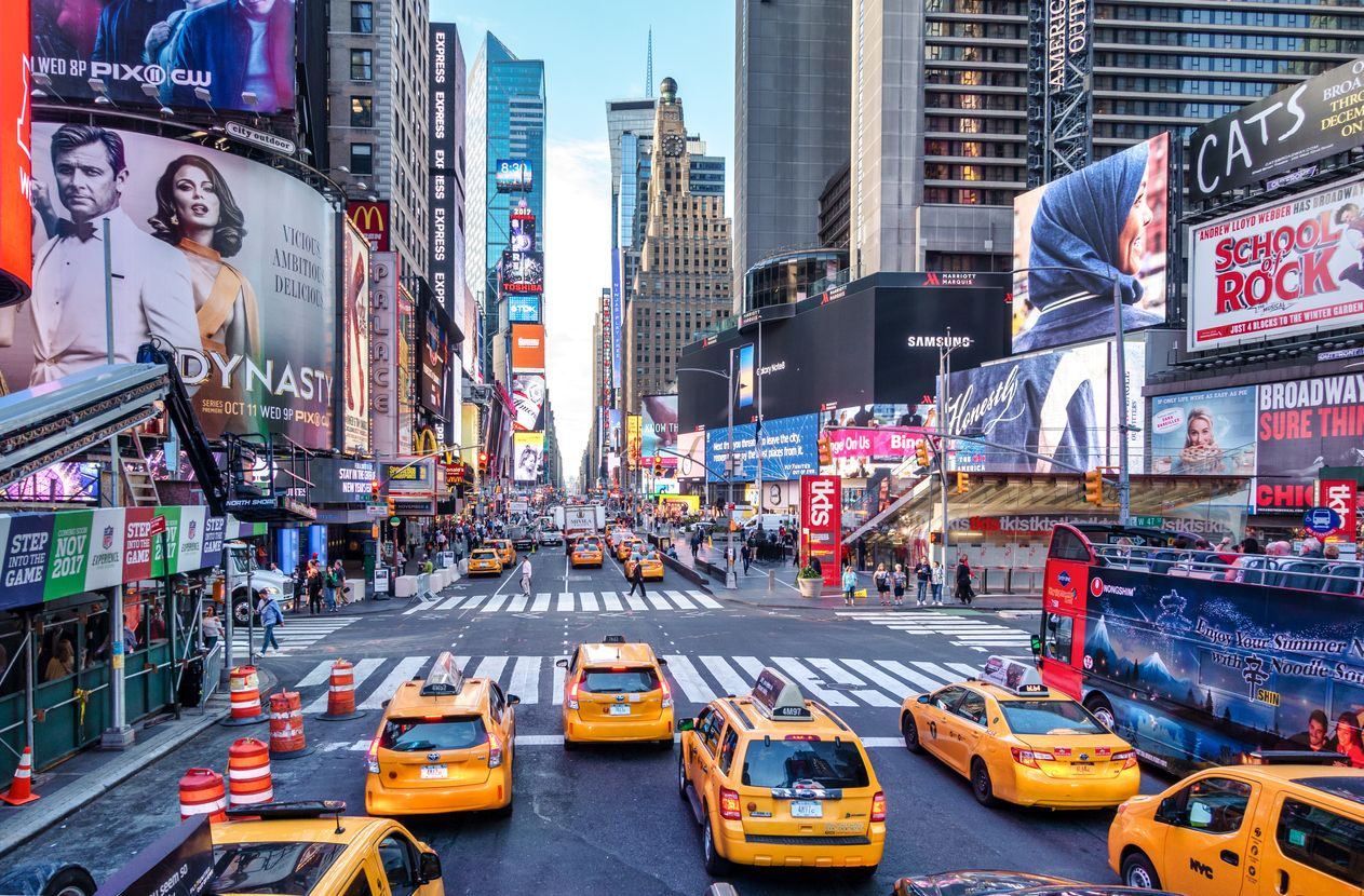 Taxis in Times square with 7th avenue, New York City, Manhattan