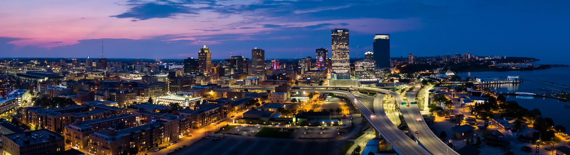 Downtown Milwaukee at Sunset - Aerial Panorama