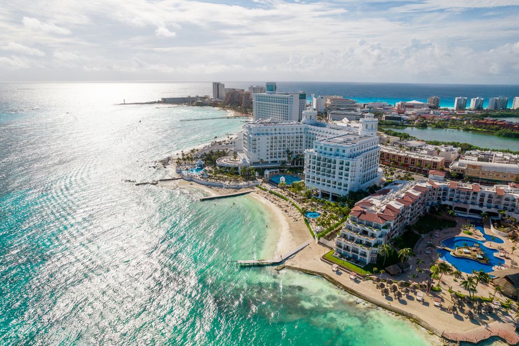 Aerial panoramic view of Cancun beach and city hotel zone in Mexico