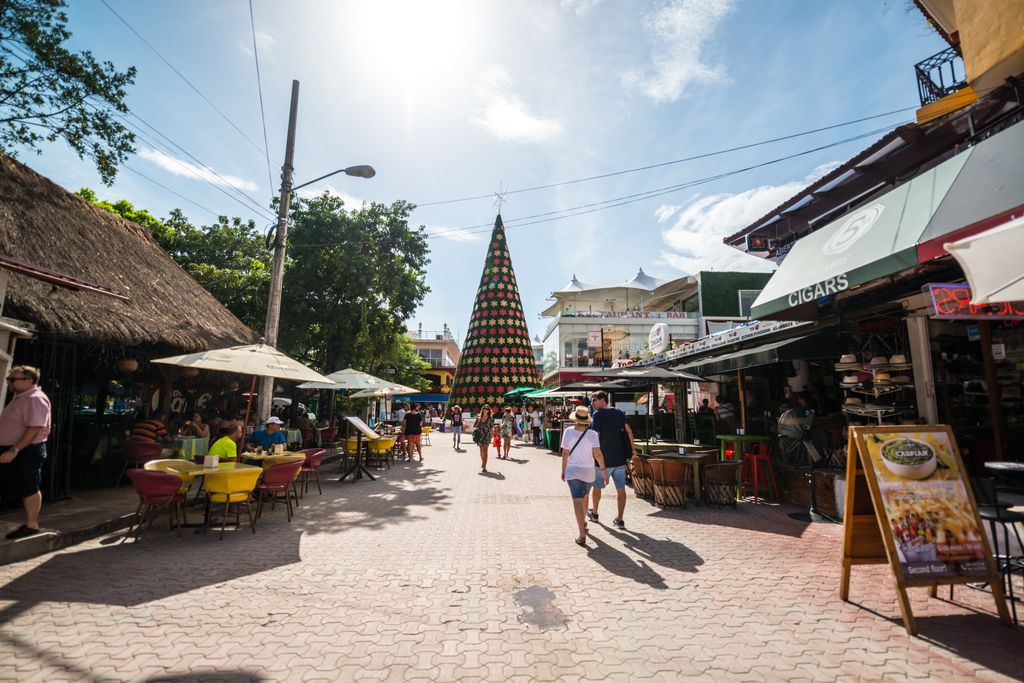 Christmas Tree on Quinta Avenida, famous shopping street in Playa Del Carmen, Mexico