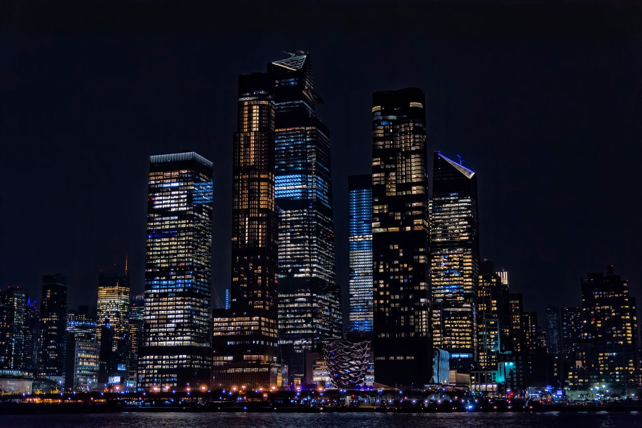 New York City skyline by night view from Hudson river, New York, USA, America