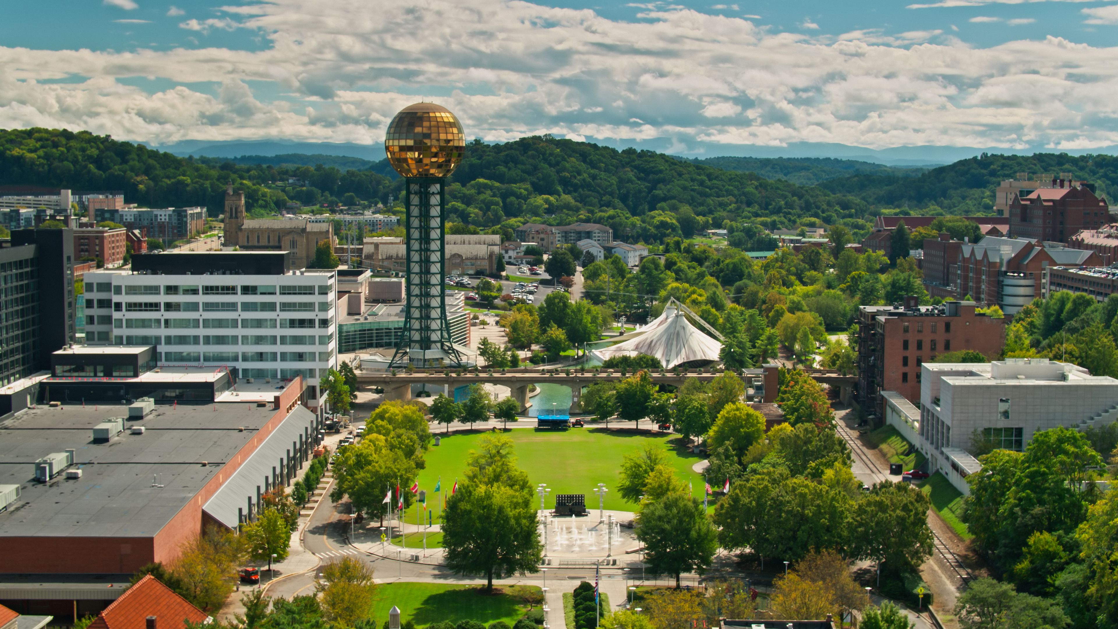 Drone Shot of Worlds Fair Park and the Sunsphere in Knoxville