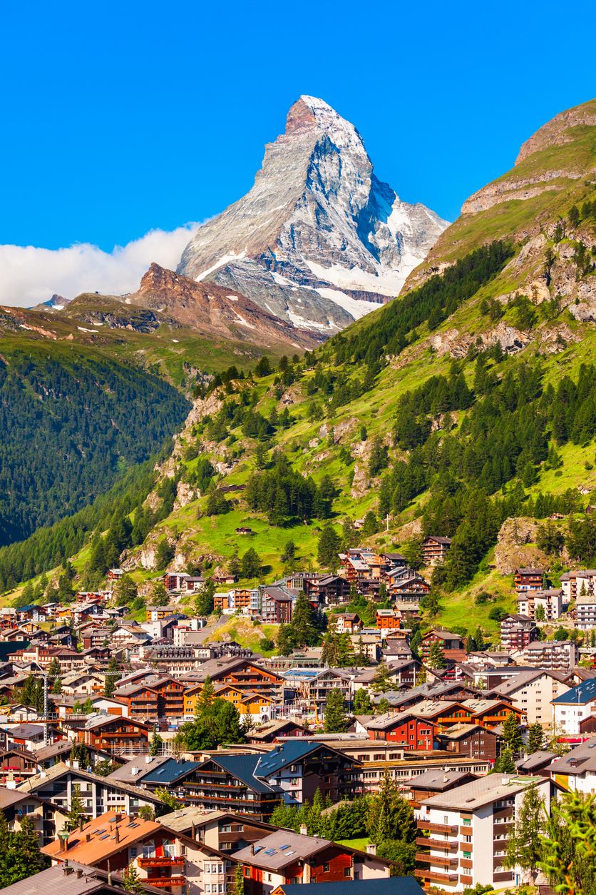 Traditional houses in Zermatt, Switzerland with the Matterhorn in the background