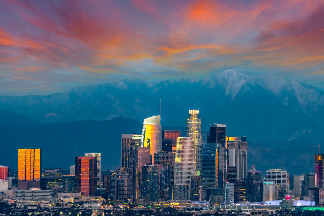 Los Angeles skyline with dramatic evening sky