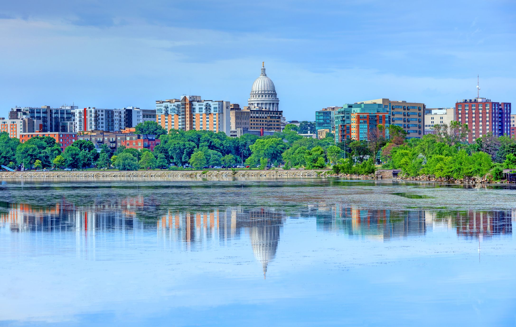 Madison skyline reflecting on Lake Monona