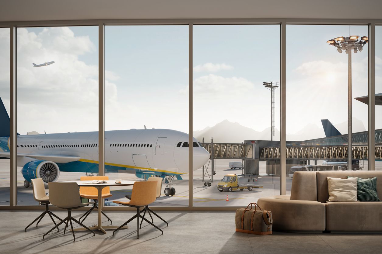 Airplane parked at terminal seen from the airport lounge. 3d rendering of an airport terminal.