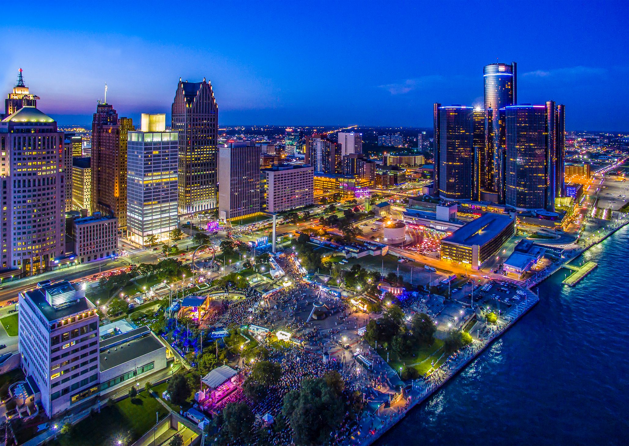 Aerial view of Detroit, Michigan at night