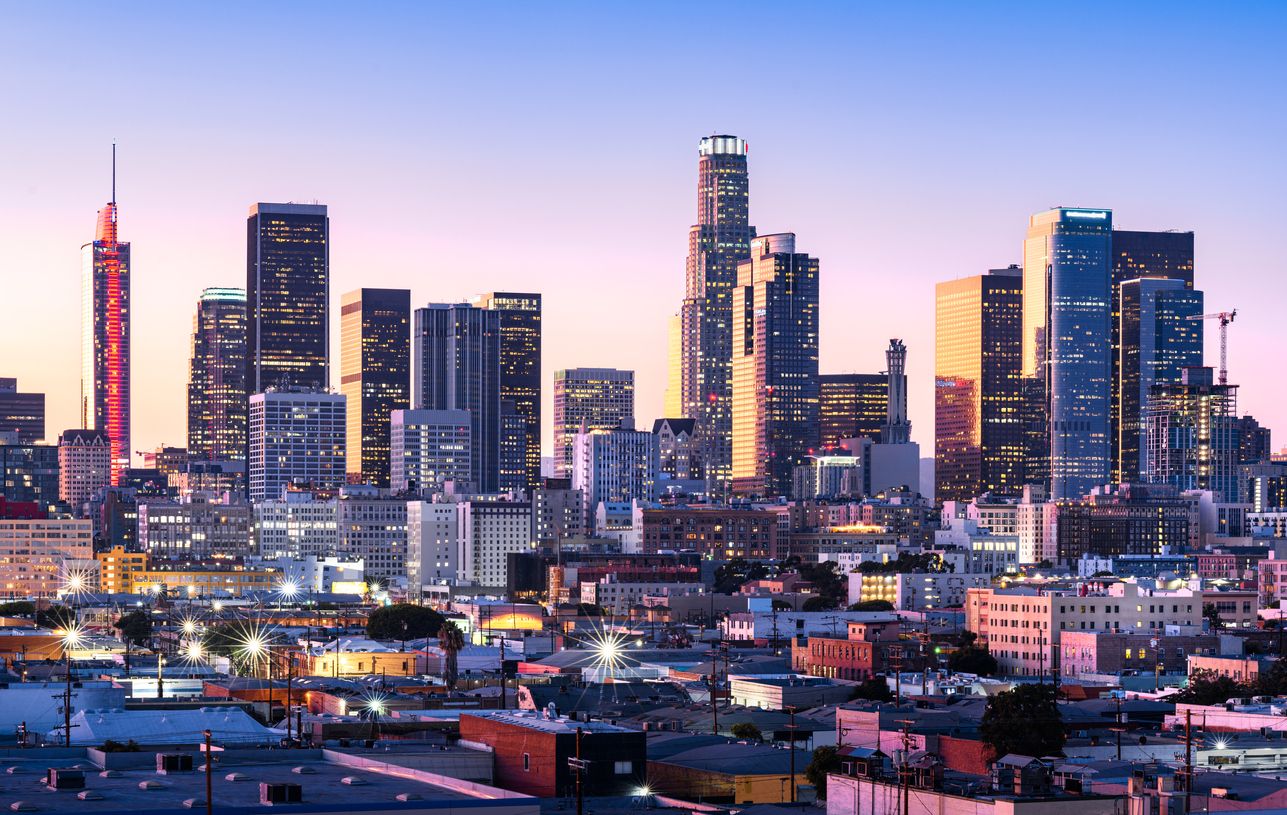 Downtown Los Angeles skyline at sunset