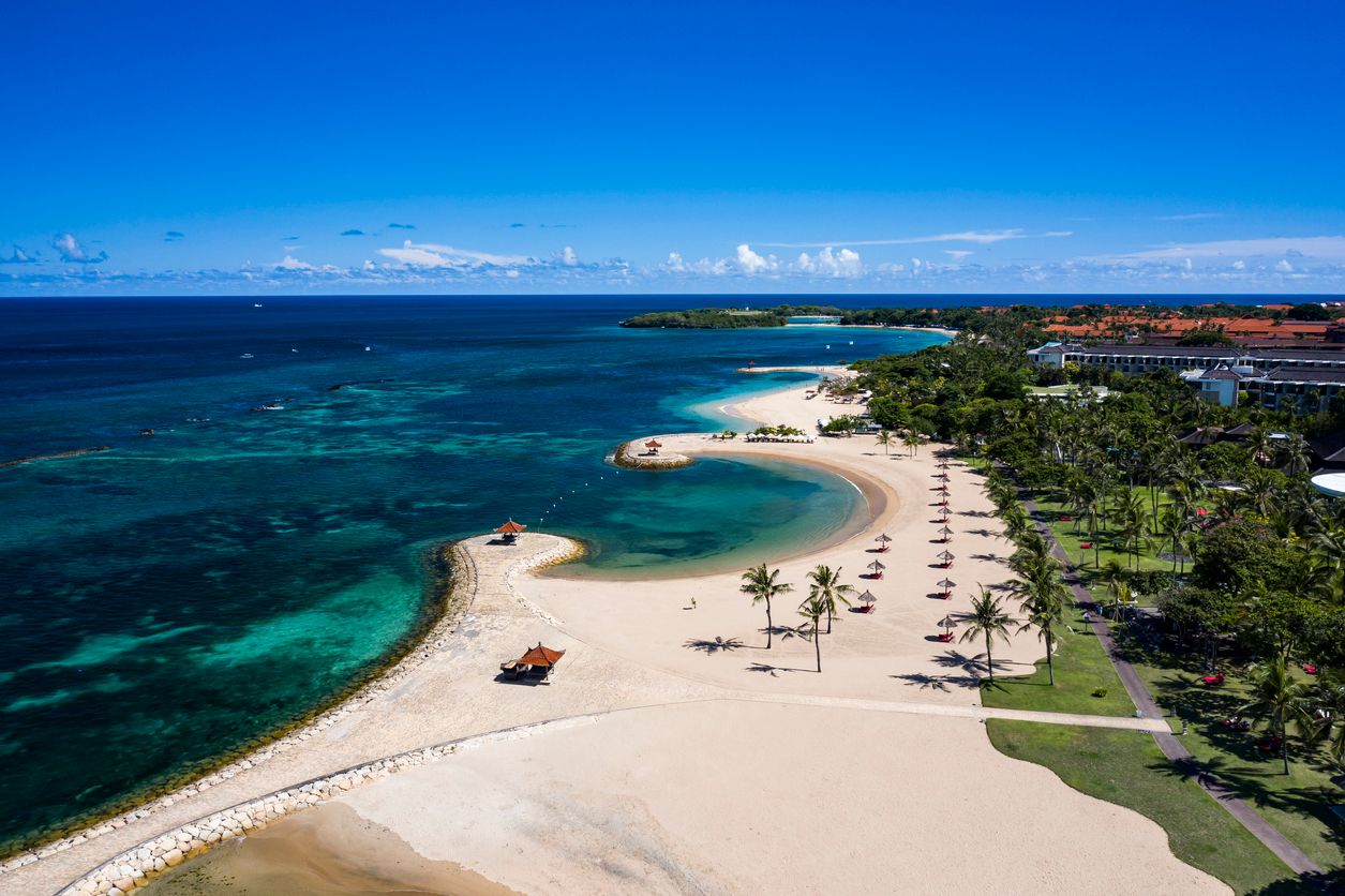 Drone view of Nusa Dua beach coastline in south Bali