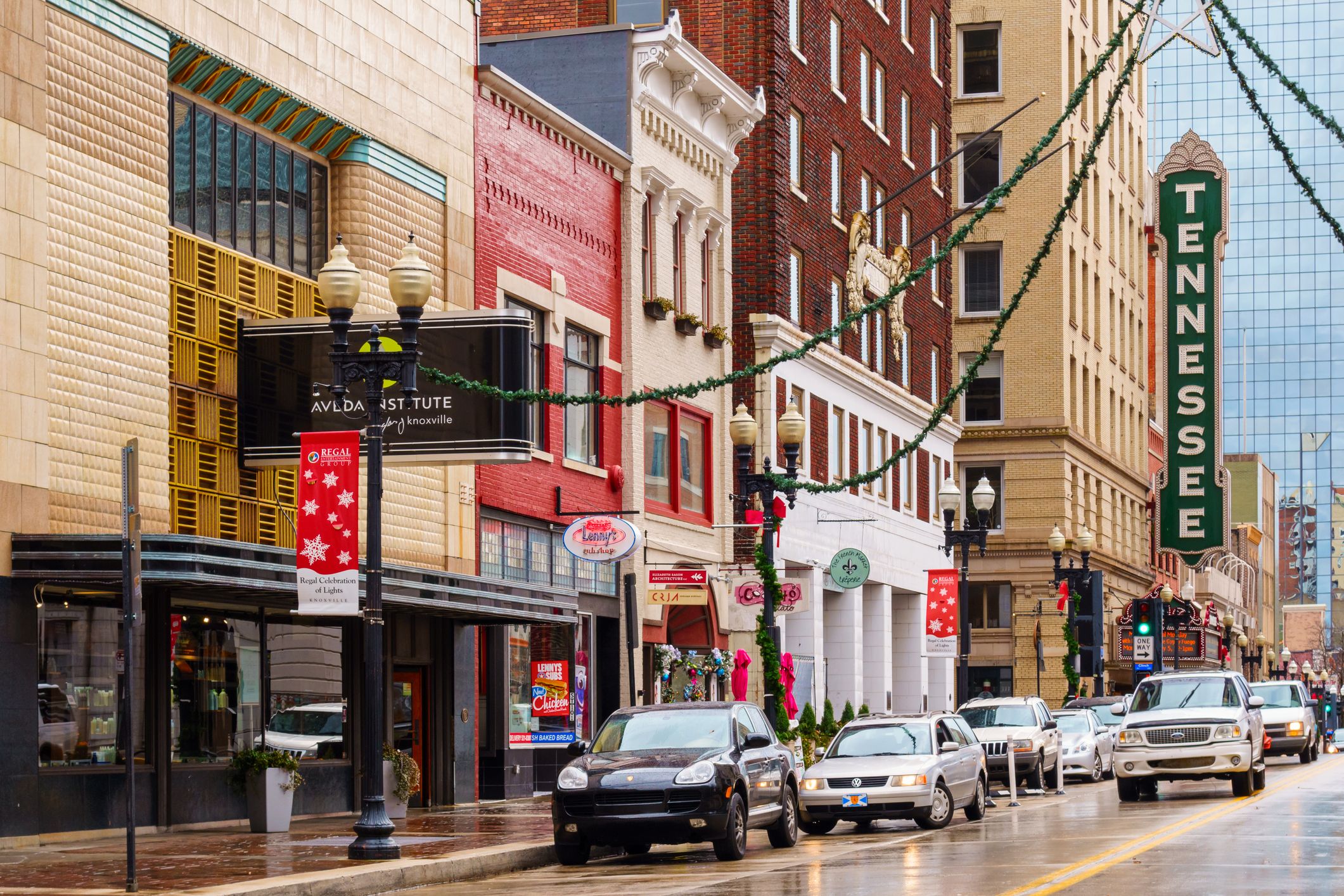 Knoxville Tennessee Downtown Facades and Businesses Gay Street with Theater in the Background
