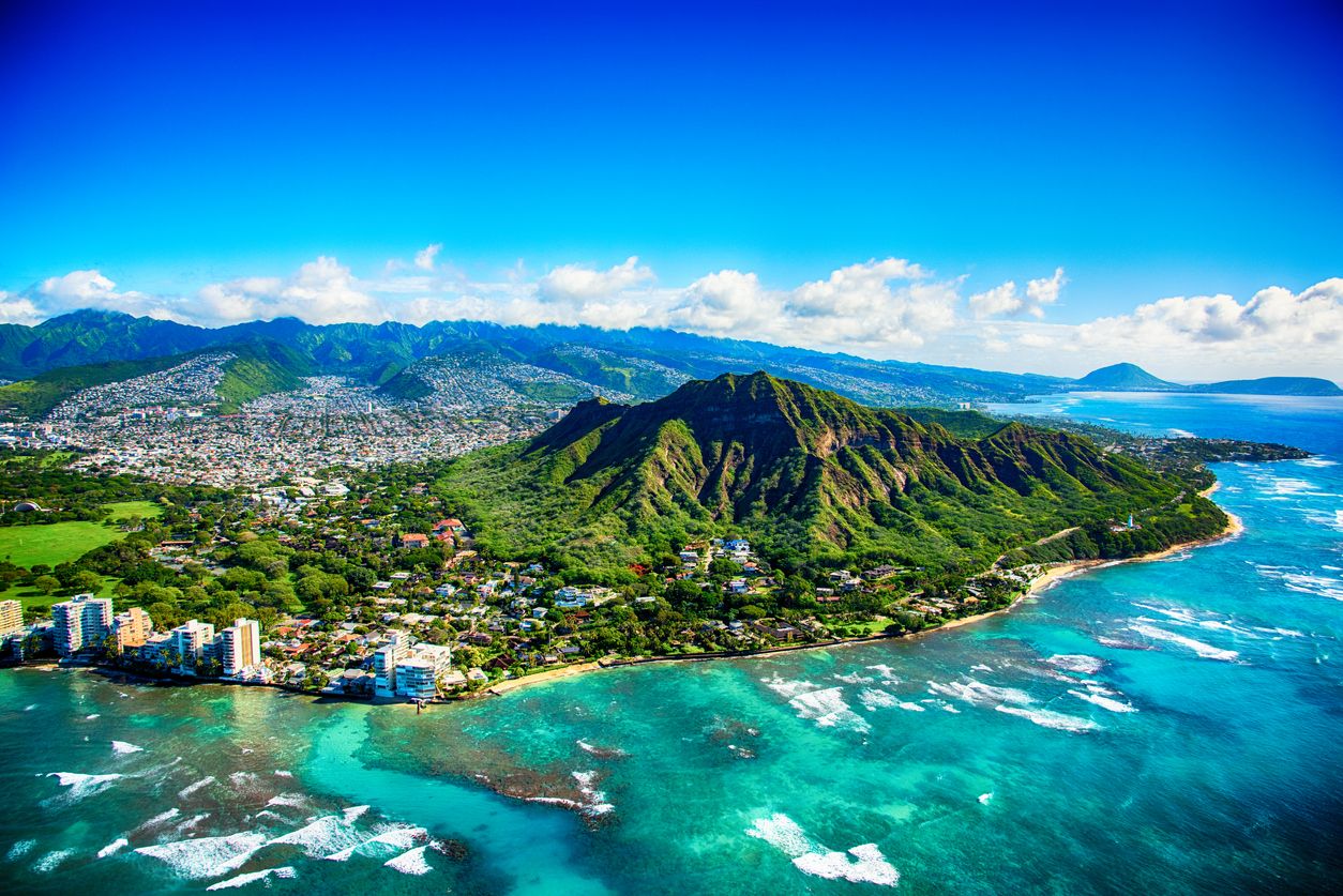 The dormant volcano known as Diamond Head located adjacent to downtown Honlulu, Hawaii