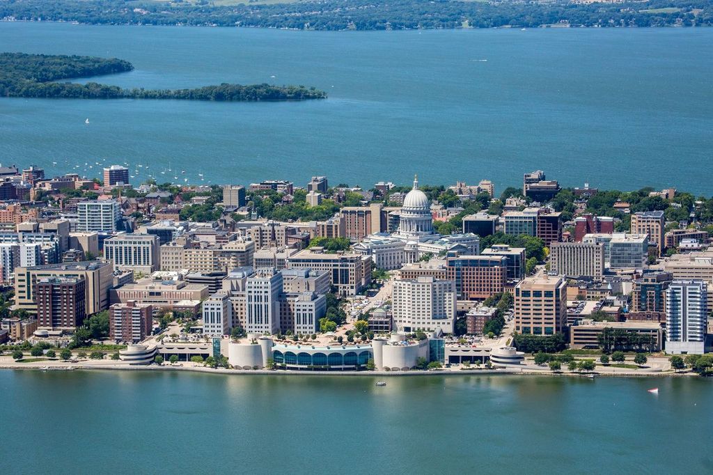 Madison Wisconsin's downtown showing both the Monona Terrace and Capitol buildings
