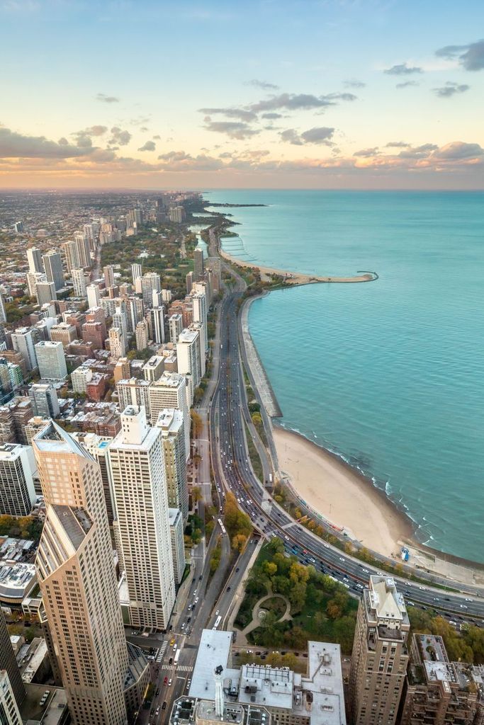 Chicago and Lake Michigan at Sunset