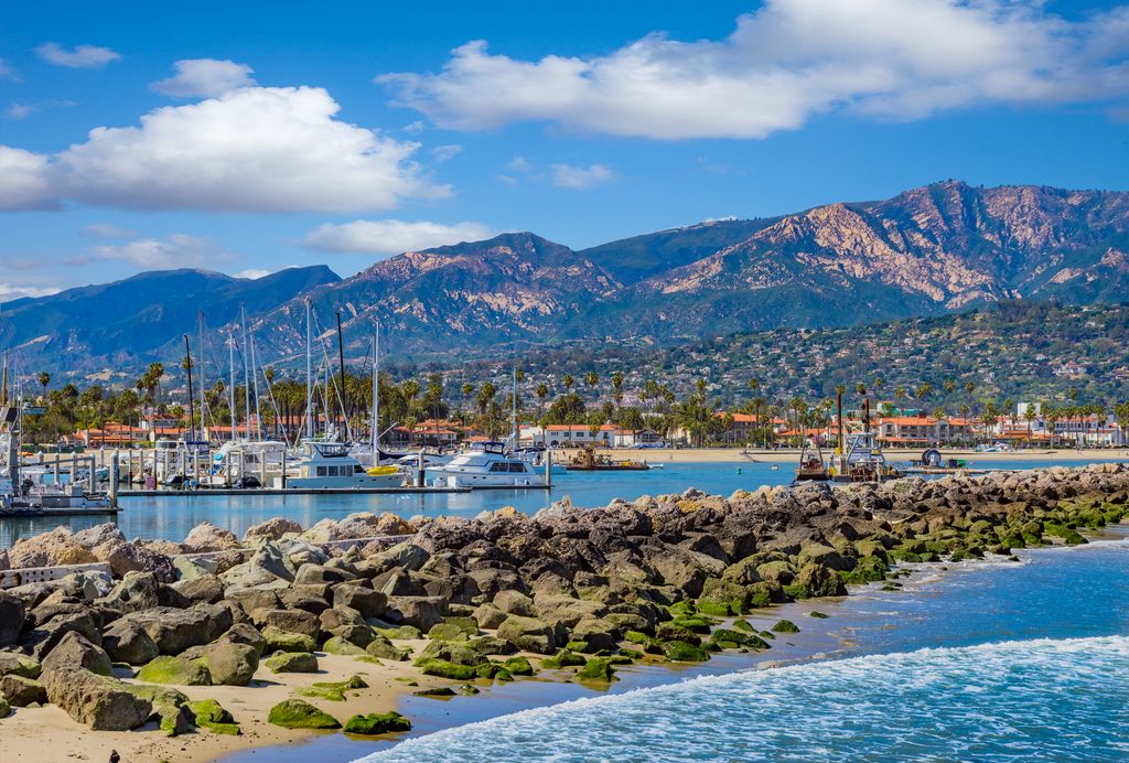 Santa Barbara Marina shoreline breakwater with recreational boats