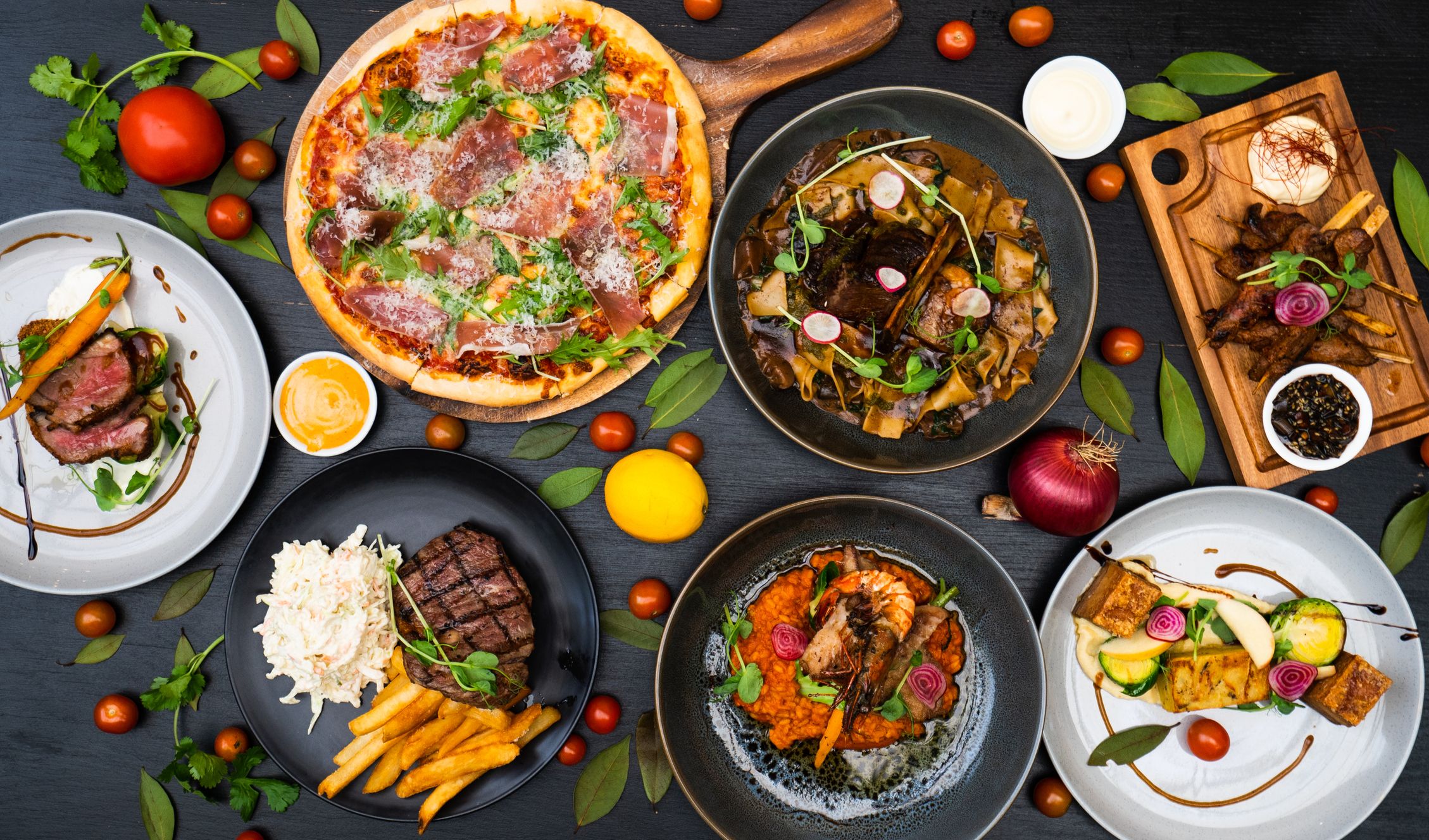 Table top of food spread on table