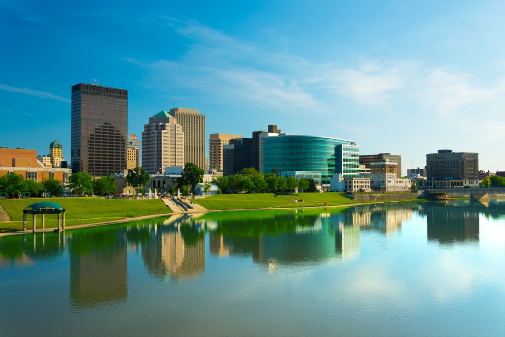 Downtown Dayton, Ohio skyline and the Great Miami River