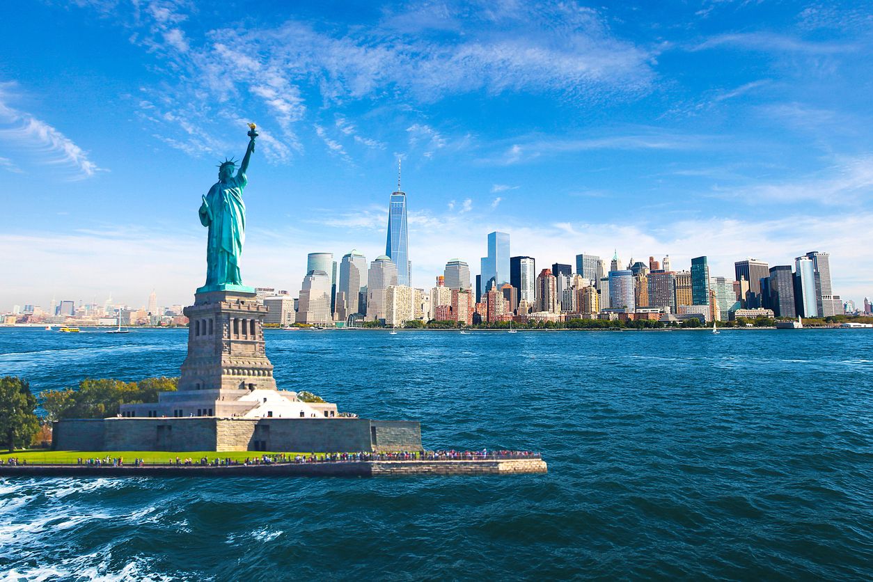 Lower Manhattan Skyline and Statue of Liberty, New York City, USA