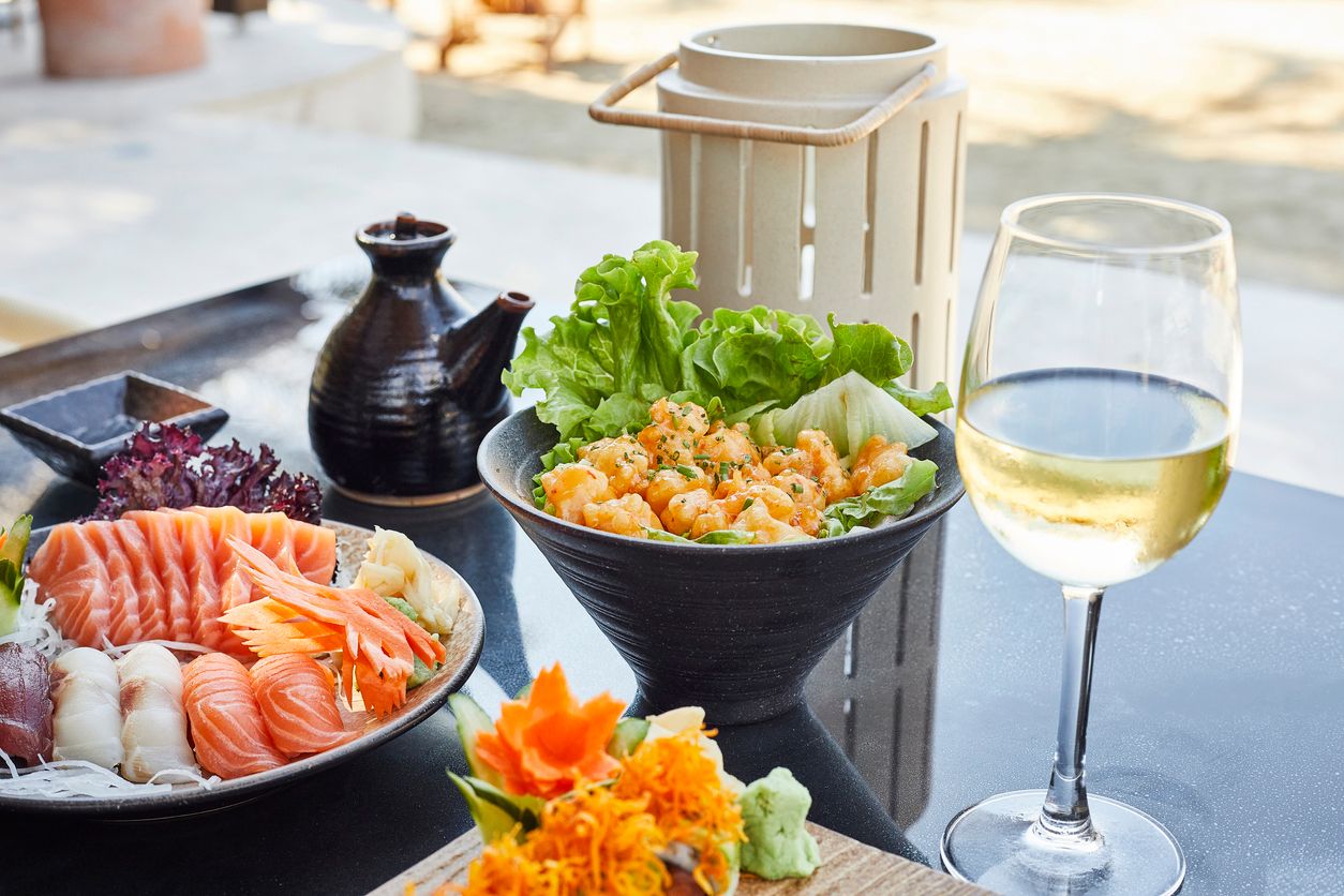 Sushi set, Shrimp tempura served with wasabi and ginger, soy sauce, white wine