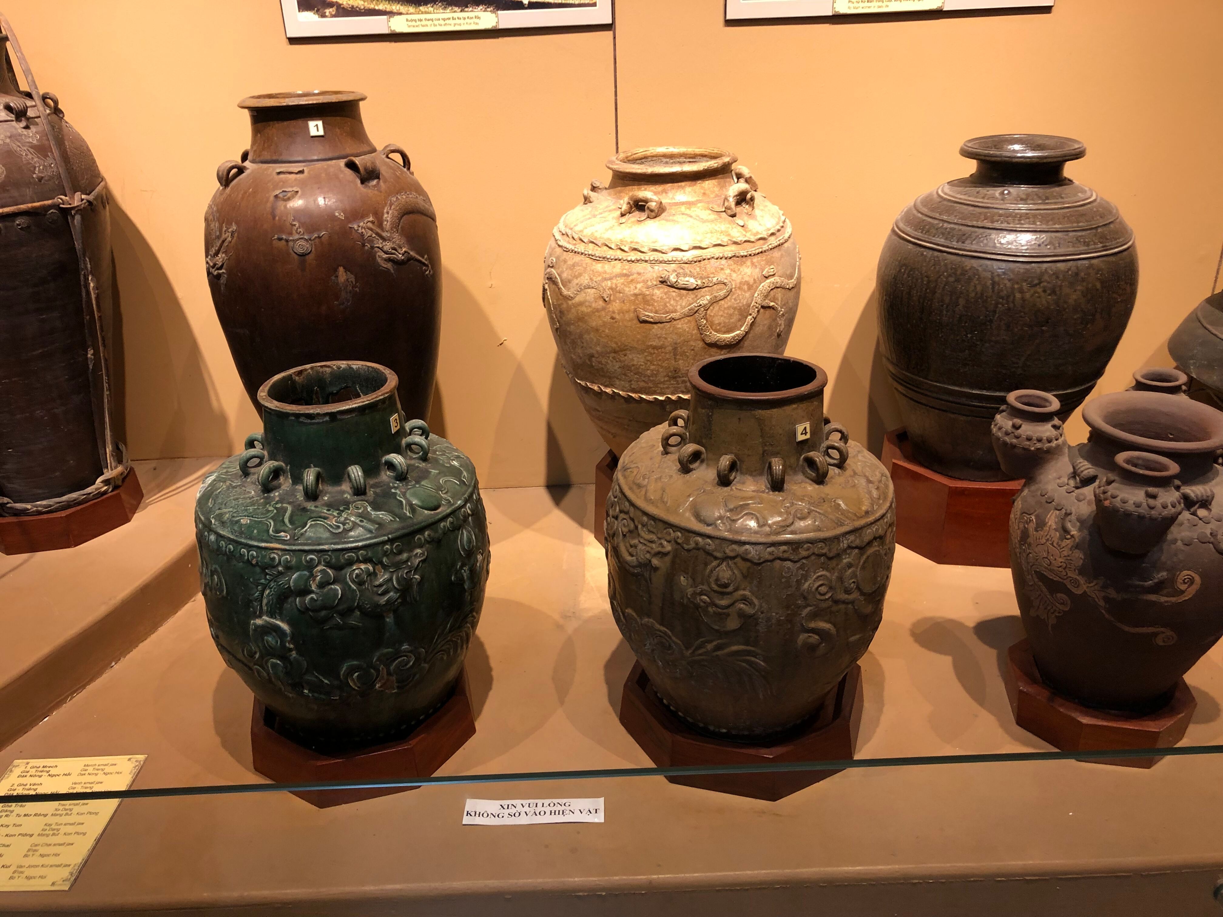 Bahnar Jars at the Kon Tum Museum traditionally used for celebrations with a rice wine locals have produced here for 100's of years. 