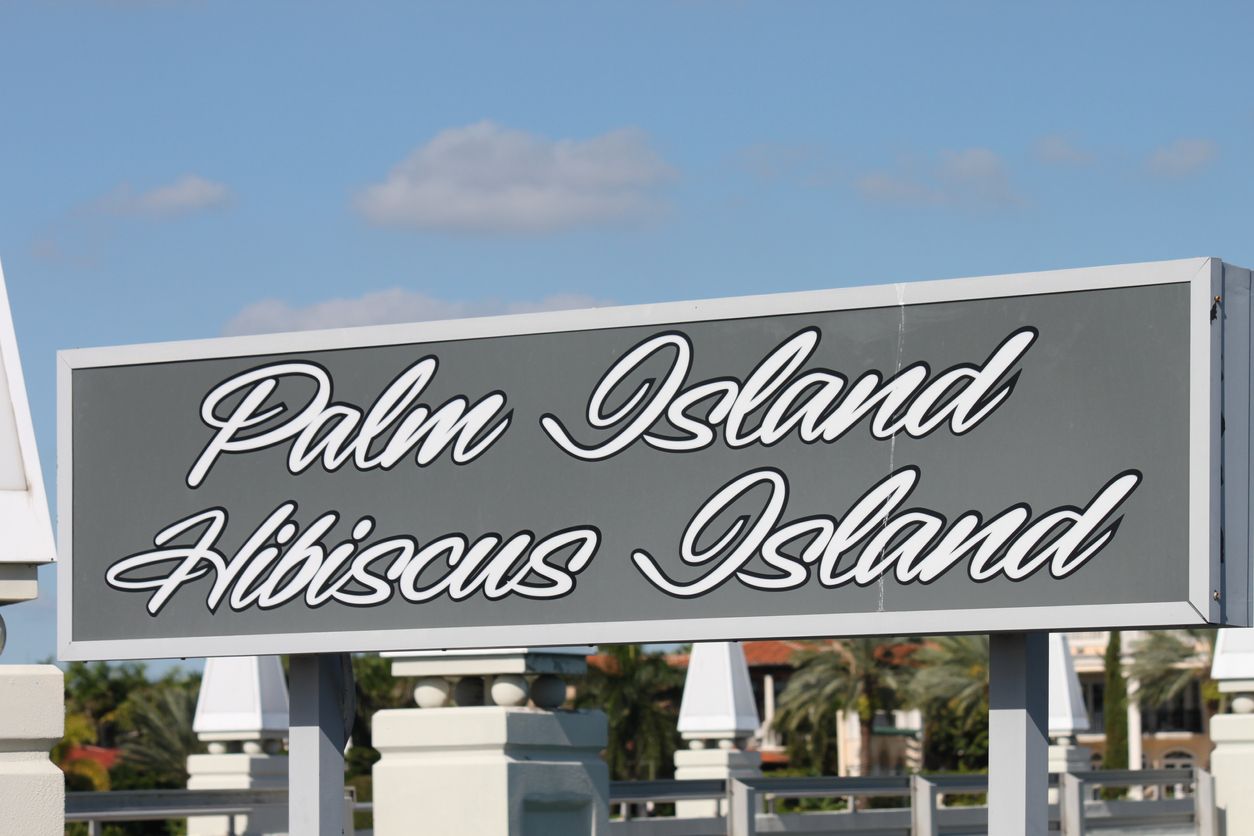 Palm Island Hibiscus Island sign in Miami, Florida.