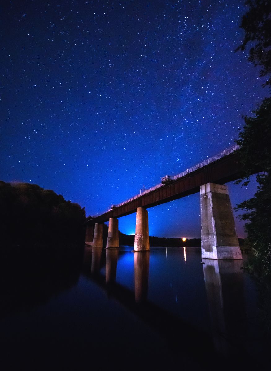 The Menesetung Rail Bridge over the Maitland River in Goderich, Ontario, Canada at night