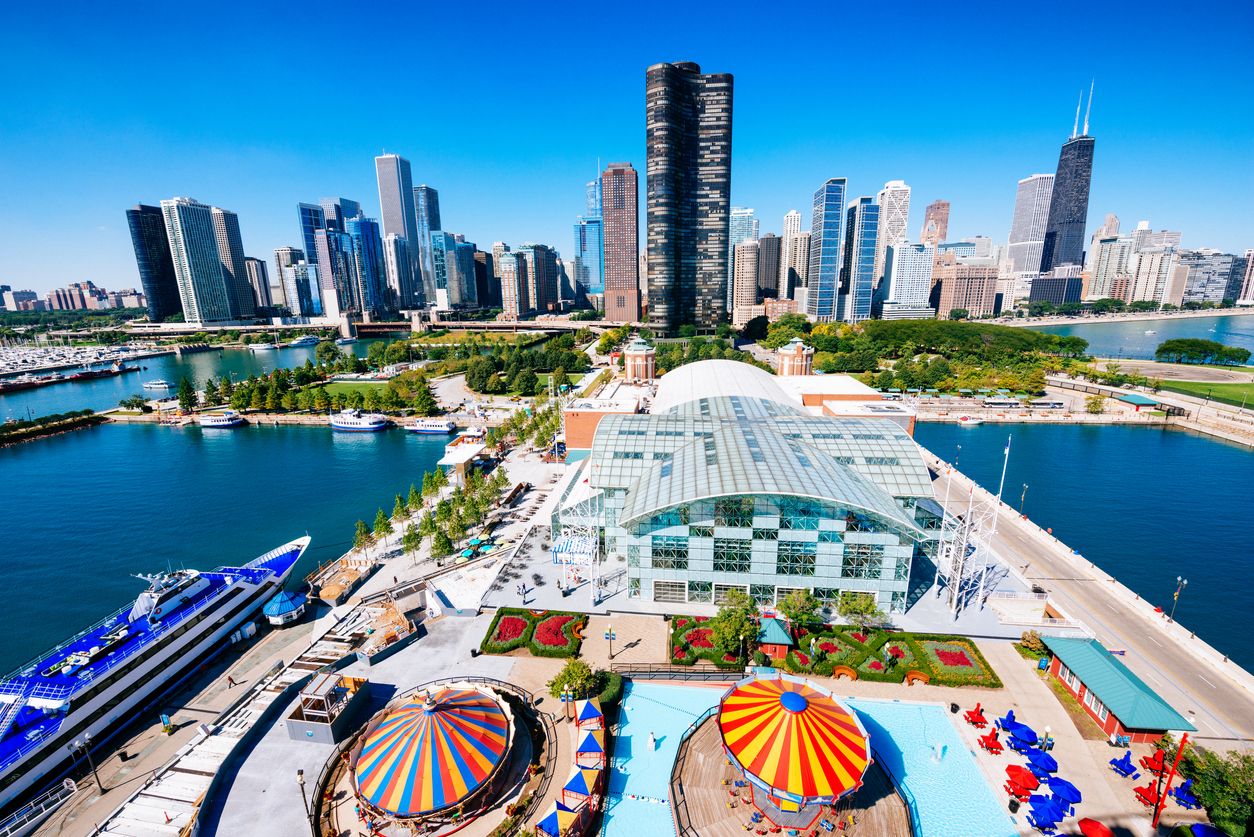 Chicago Skyline and Navy Pier Aerial View