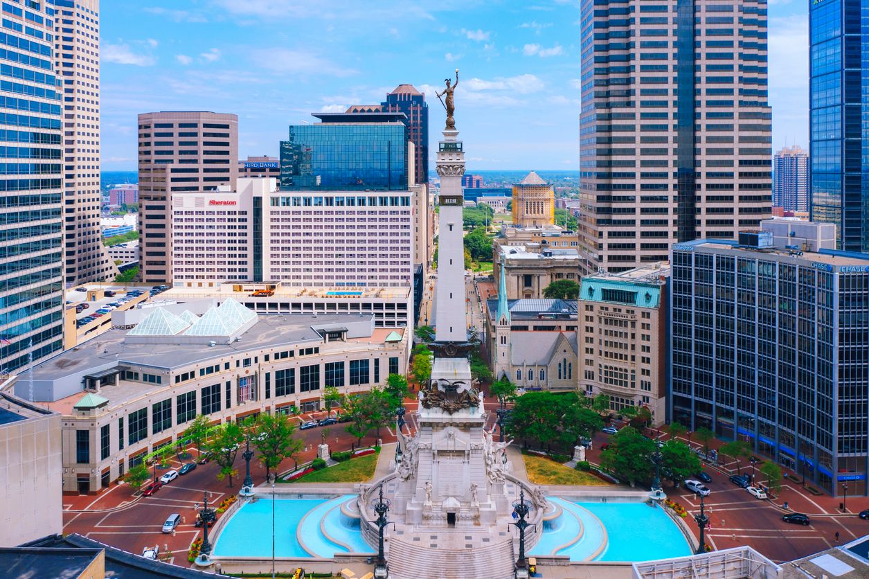 Aerial view of Monument Circle, Indianapolis downtown Indiana