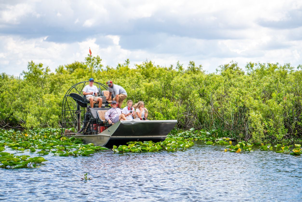 Tourists in hovercraft, Everglades National Park, Florida, USA