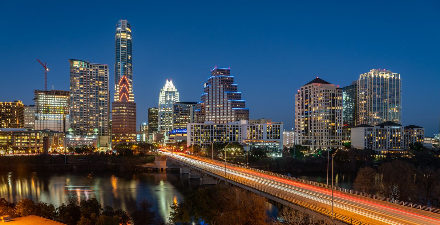 Aerial View of Downtown Austin Skyline with the Congress Avenue Bridge