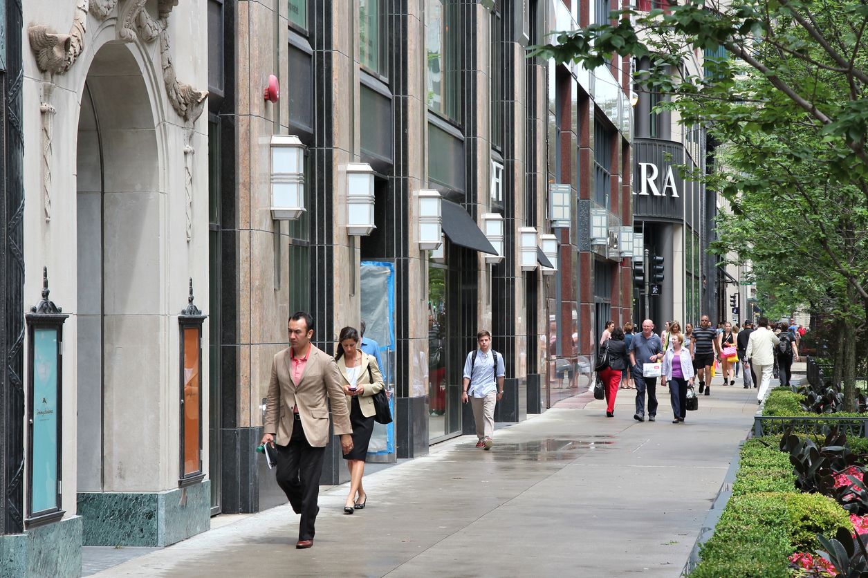 People walk the famous Magnificent Mile of Michigan Avenue in Chicago