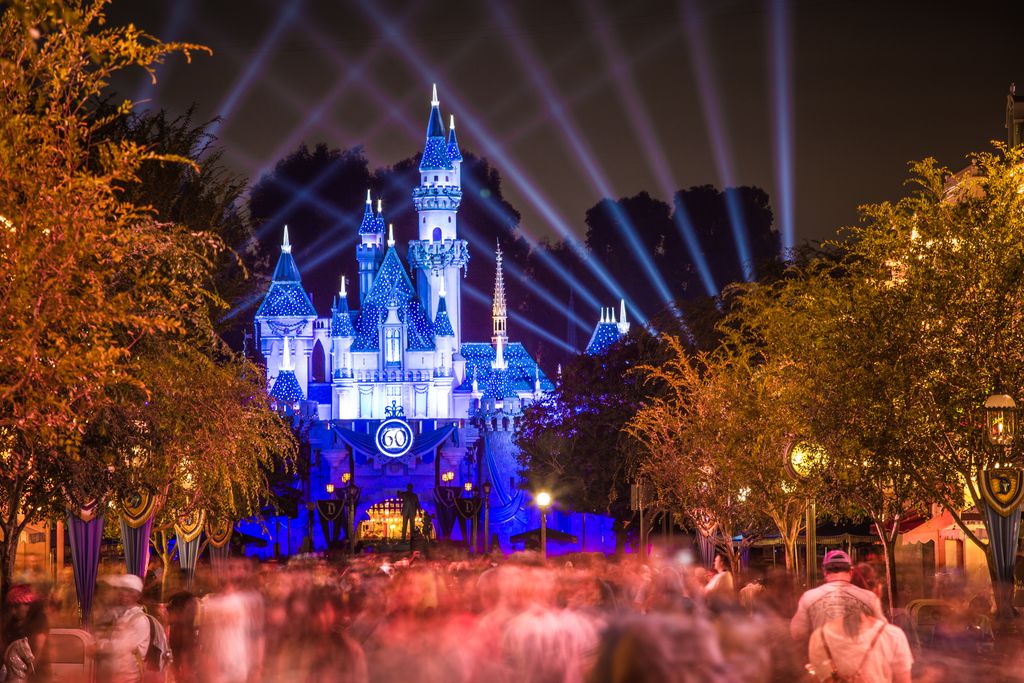 Disneyland castle during the 60th anniversary celebration, Anaheim, California, USA.