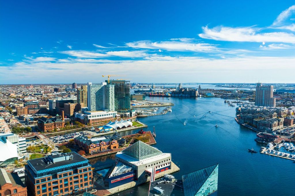 Aerial of Baltimore City with the inner harbor