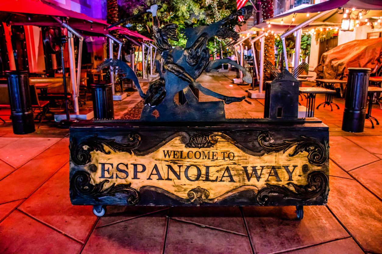 Espanola Way wood sign at night, Miami, Florida