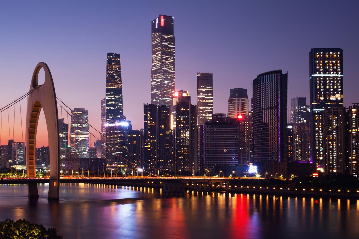 Dusk view of Guangzhou's Zhujiang New Town central business area of Tianhe District, China