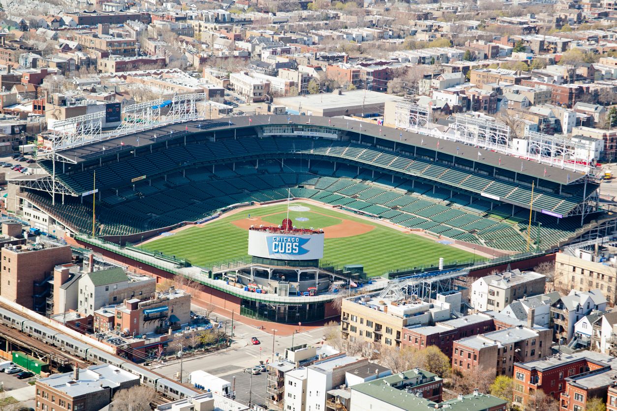 Ariel shot of Wrigley Field baseball stadium in Chicago