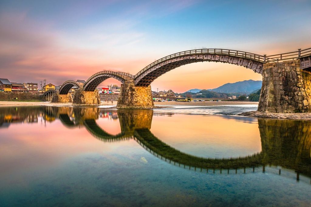 Iwakuni, Japan at Kintaikyo Bridge over the Nishiki River