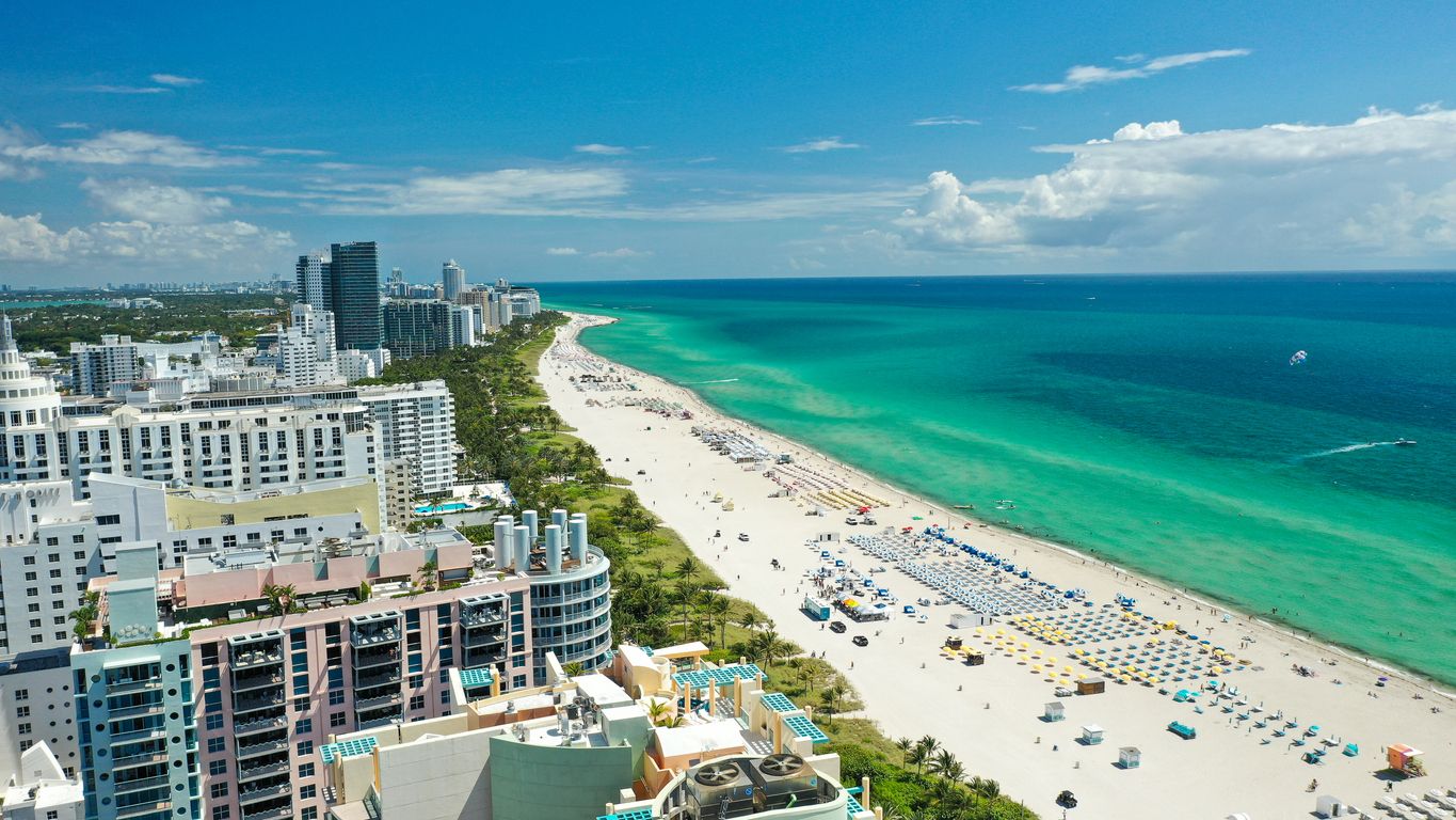 Aerial drone view of South Beach and Ocean Drive in Miami Beach