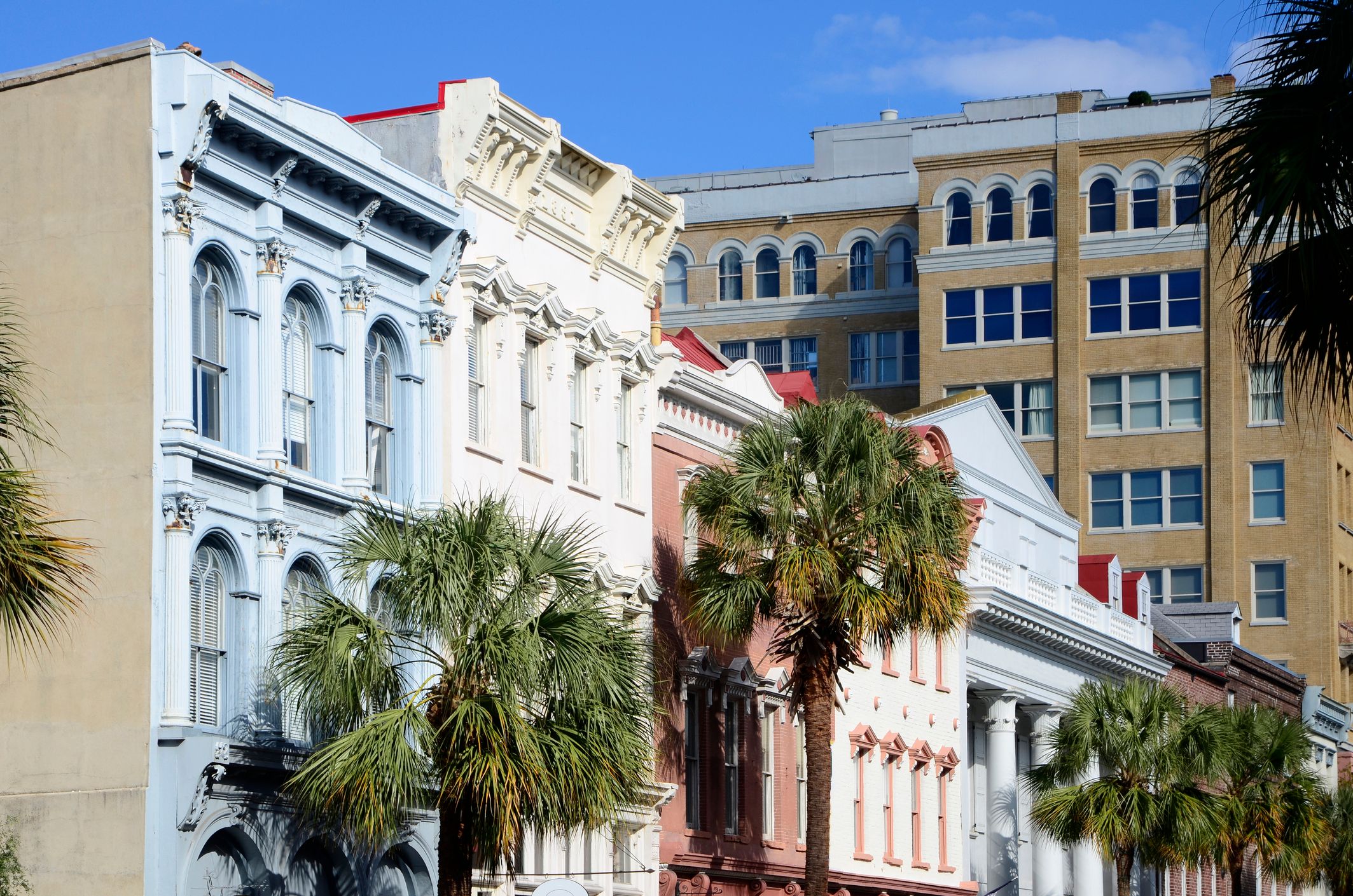 A row of multi-colored, historical buildings in Charleston, South Carolina
