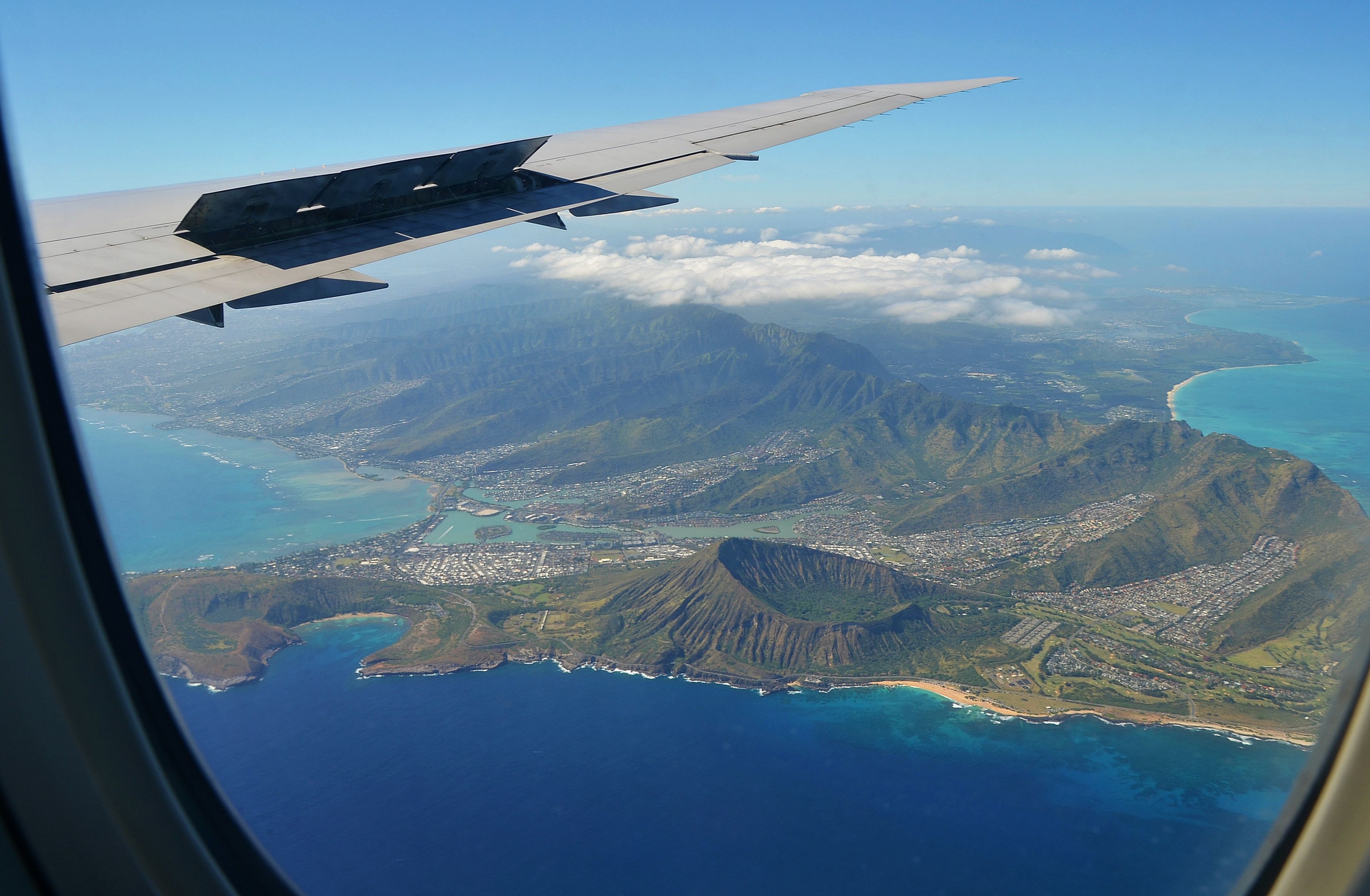 Aerial view on famous Koko crater Honolulu, Hawaii from an airplane.