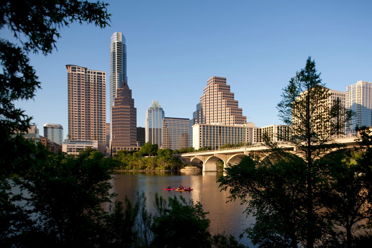Austin, Texas skyline, Lady Bird Lake and Congress Avenue Bridge