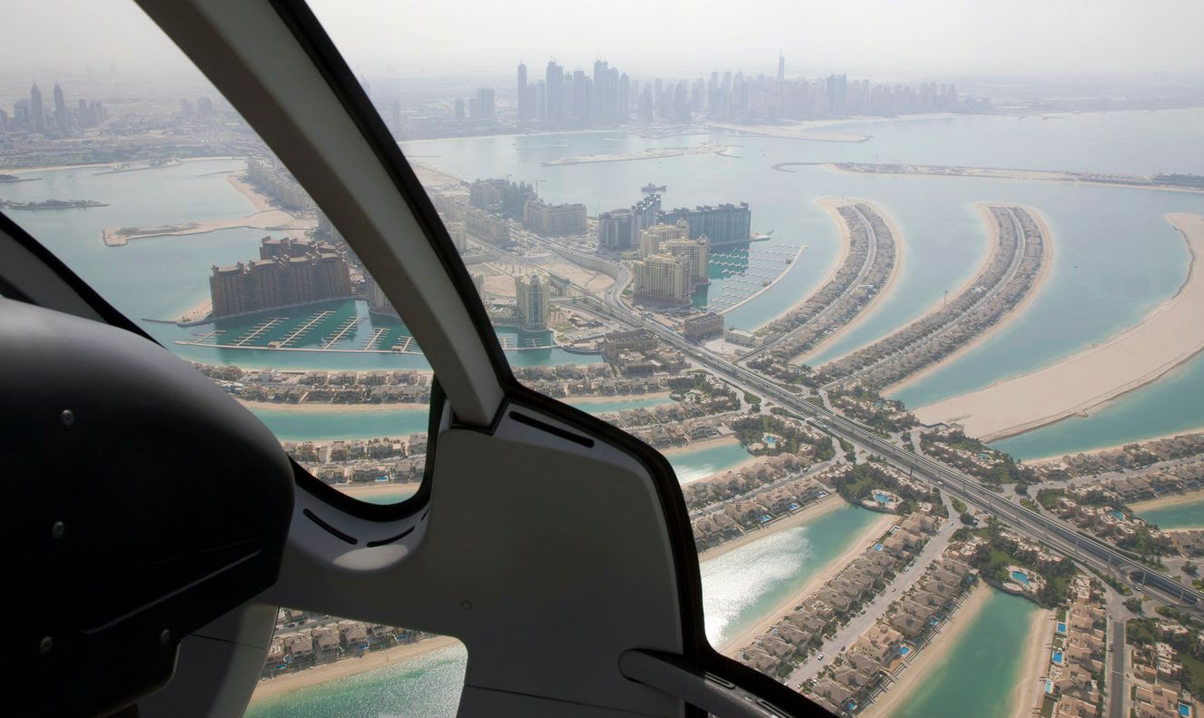 Dubai. The Palm Jumeirah project from a Helicopter view.