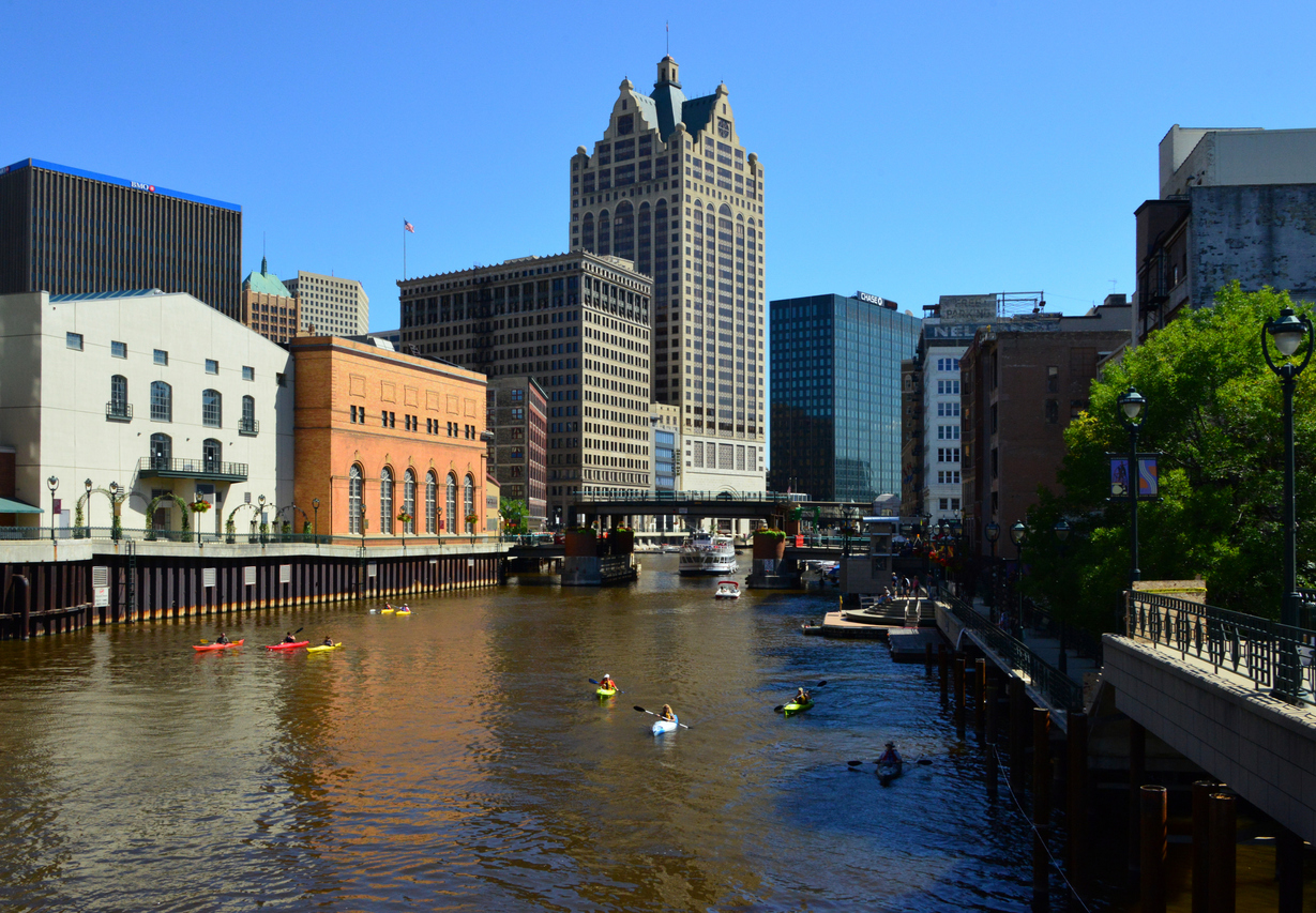 Milwaukee river and downtown buildings, Milwaukee, Wisconsin