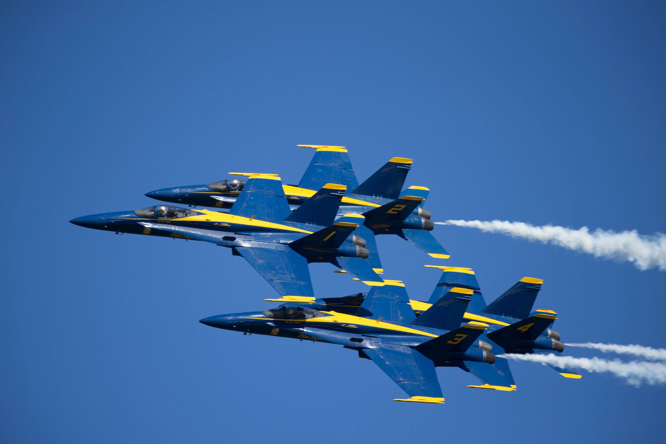 Blue Angels F-18 Hornet jet fighters flying in formation during Fleet Week Air Show in San Francisco, California