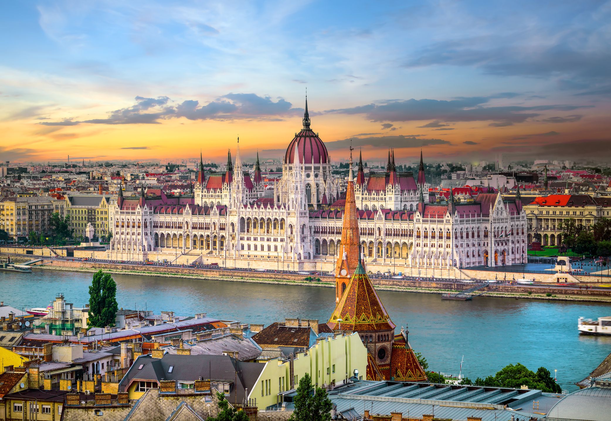 Bright sunset over famous landmarks in Budapest, Hungary