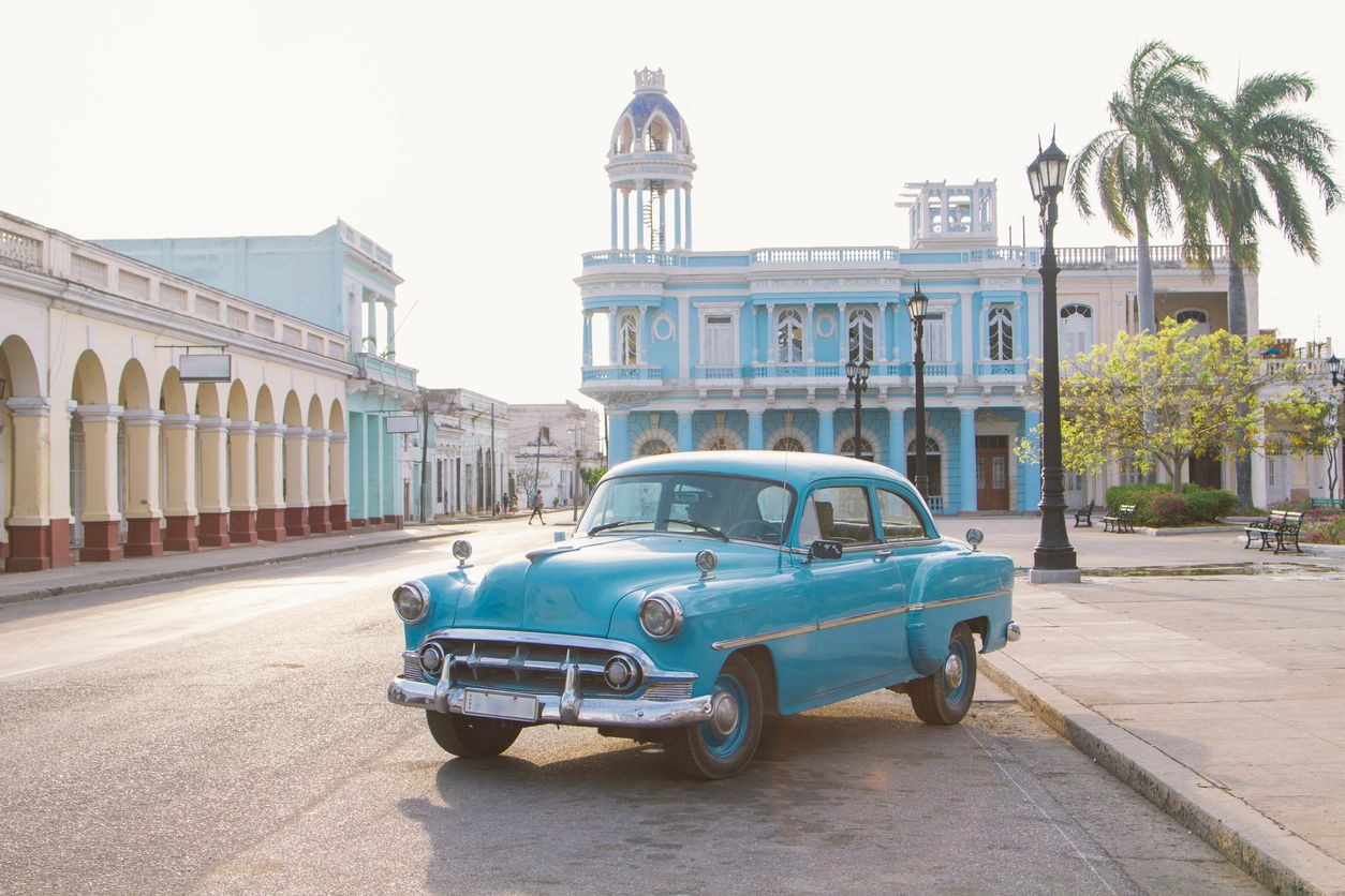 Vintage car in Jose Marti square, Cienfuegos, Cuba