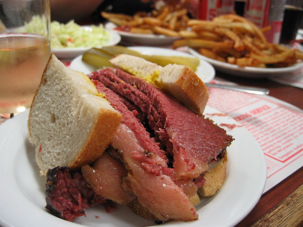 Close-up of a Montreal smoked meat sandwich.