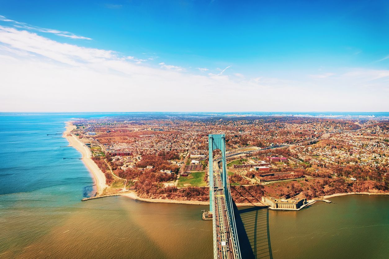 Aerial view on Verrazano Narrows Bridge over Narrows Brooklyn